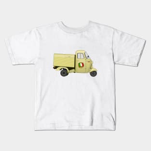 Vintage Yellow Italian Motorized Rikshaw with Italian Flag Sticker on the Door Kids T-Shirt